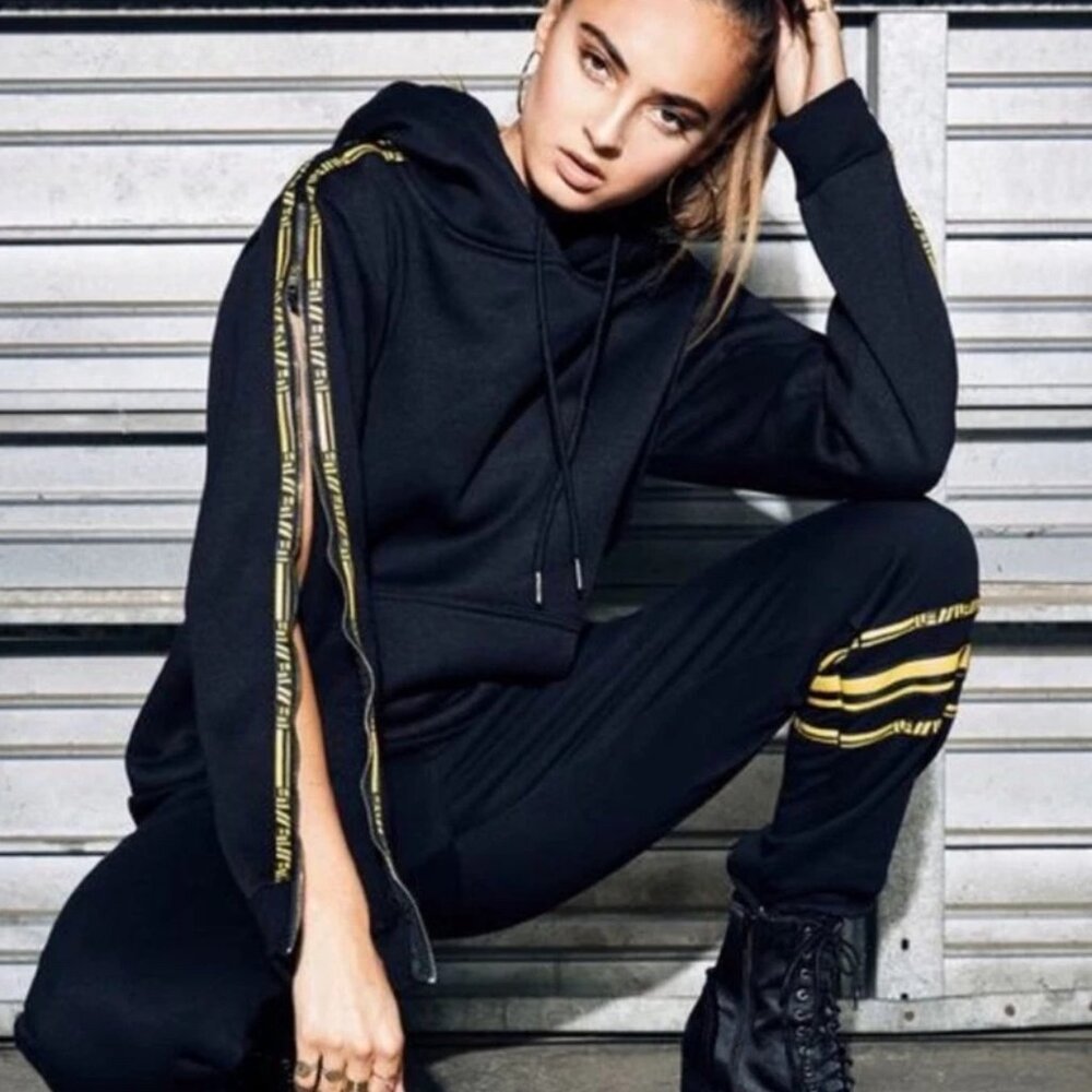 LF Black Hoodie with Yellow Logo LF Accent Stripes and Zip Sleeves Size S